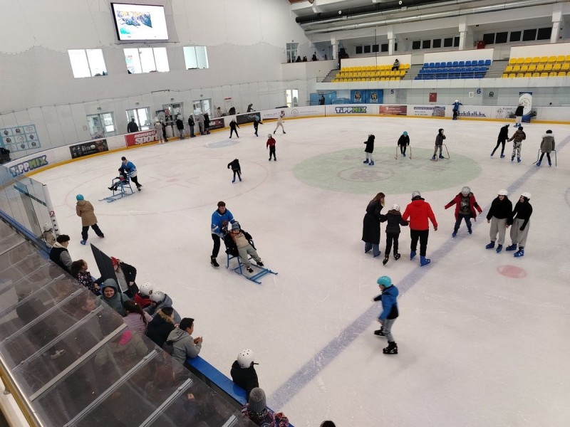 Fakutyán, segédeszközzel vagy egymás kezét fogva ismerkedtek a jégen csúszással a parasportnapon a gyerekek Fotó: Tisler Anna