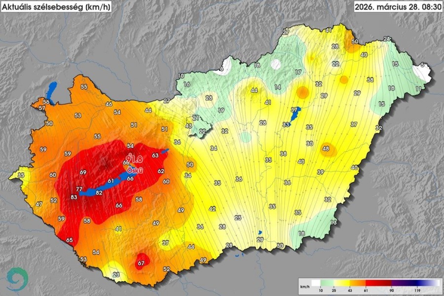 A viharos szél továbbra sem hagy alább Forrás: HungaroMet Nonprofit Zrt.